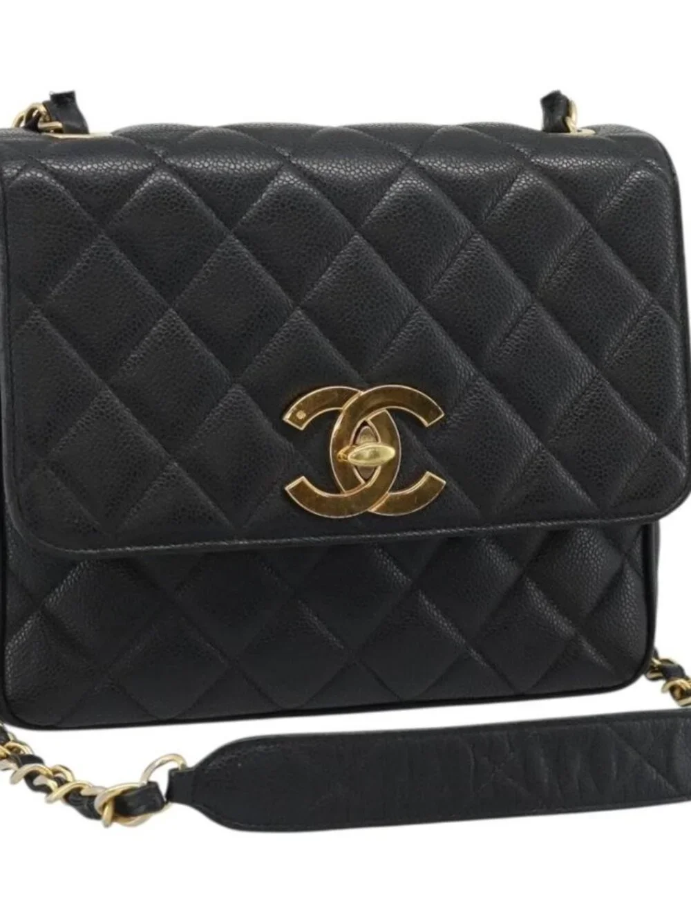 CHANEL Chain Matelasse Shoulder Bag Grained Calf Skin Black Gold CC Auth 186150V